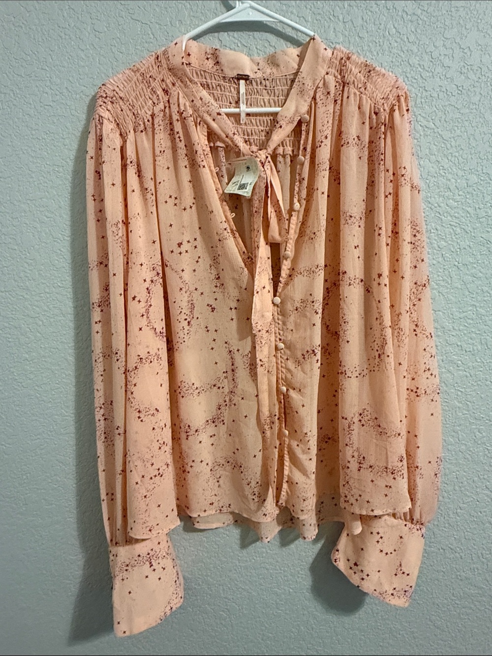 NWT Free People Peach Star-Print Tie-Neck Blouse Size Large